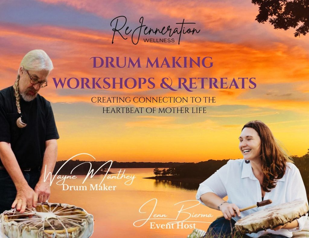 Beautiful orange and yellow sunset over Lake Eufaula with an image of a woman drumming and a man making a deer hide drum in the foreground.